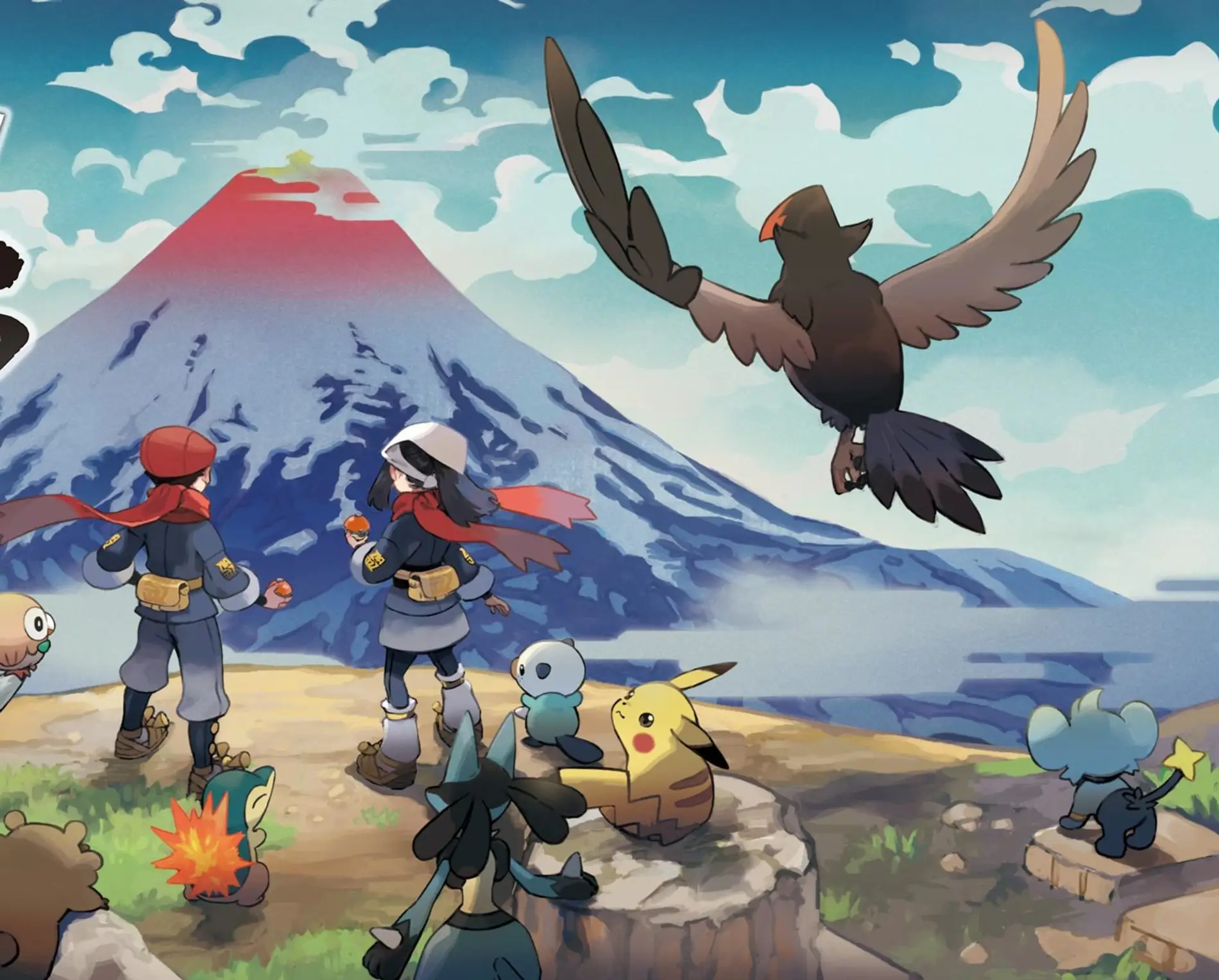 Dois treinadores e seus Pokémon contemplando uma montanha nevada — arte oficial