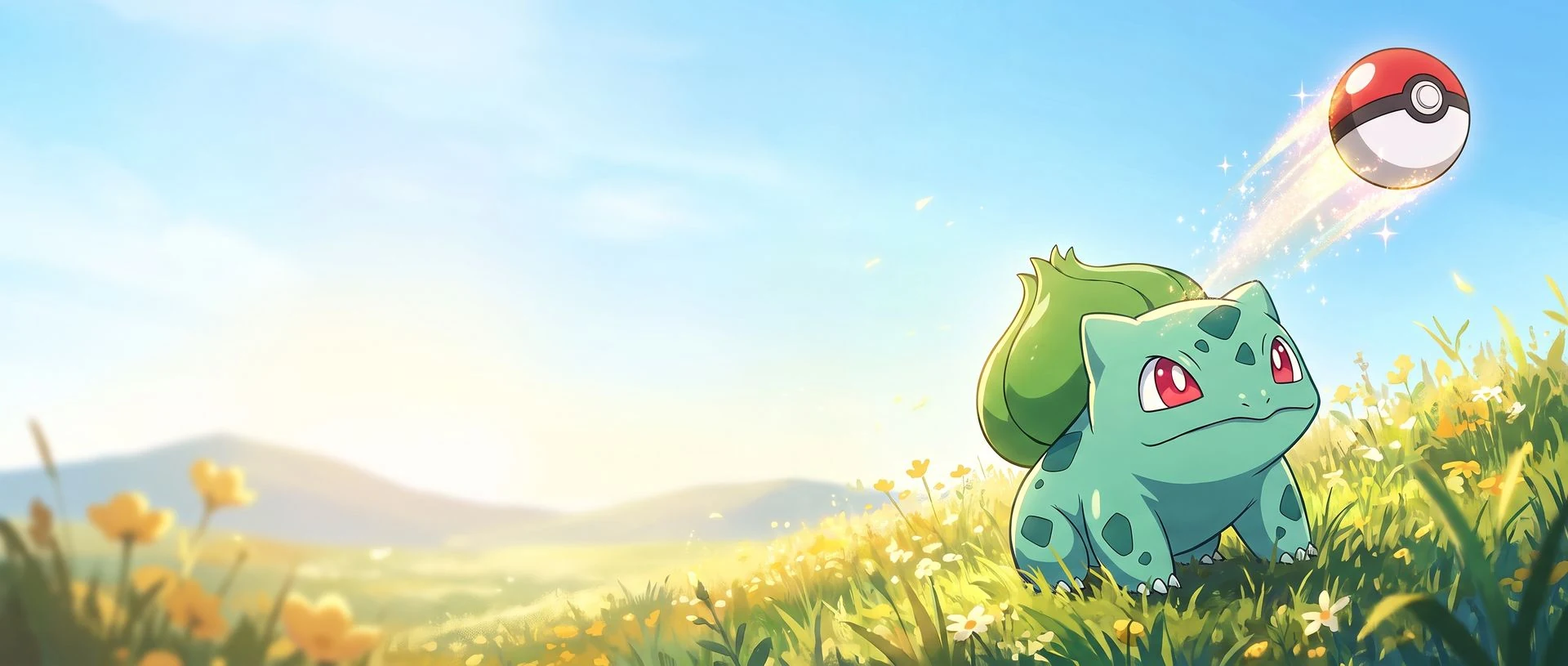 Ilustração: uma Poké Ball riscando o campo de flores até um Bulbasaur