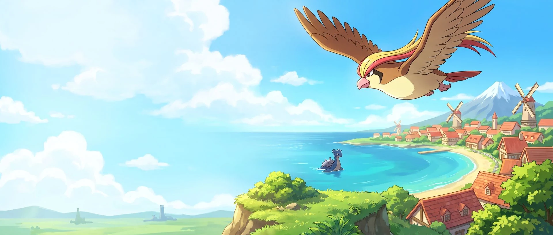 Ilustração: Pidgeot planando sobre uma baía com Lapras na água, vila e pico nevado ao fundo